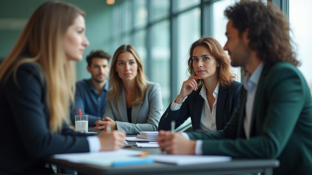 Diverse team collaborating during a training session, looking engaged and professional